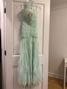 Jessica McClintock Allister Mint Green Strapless Ruffled Tulle Gown with Shall